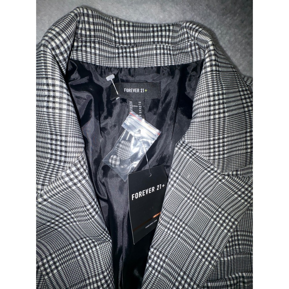 (CL) Forever 21 Plus 1X Grey Black Glen Plaid Double Breast Longline Blazer NWT - Picture 6 of 8